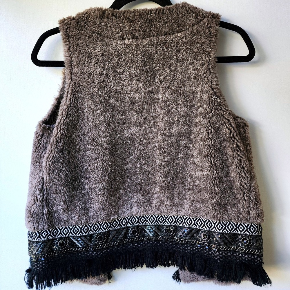 NKN Nekane Barcelona Boho Faux Fur Fringe Sequin Vest Taupe Brown Bohemian Women - Picture 3 of 8